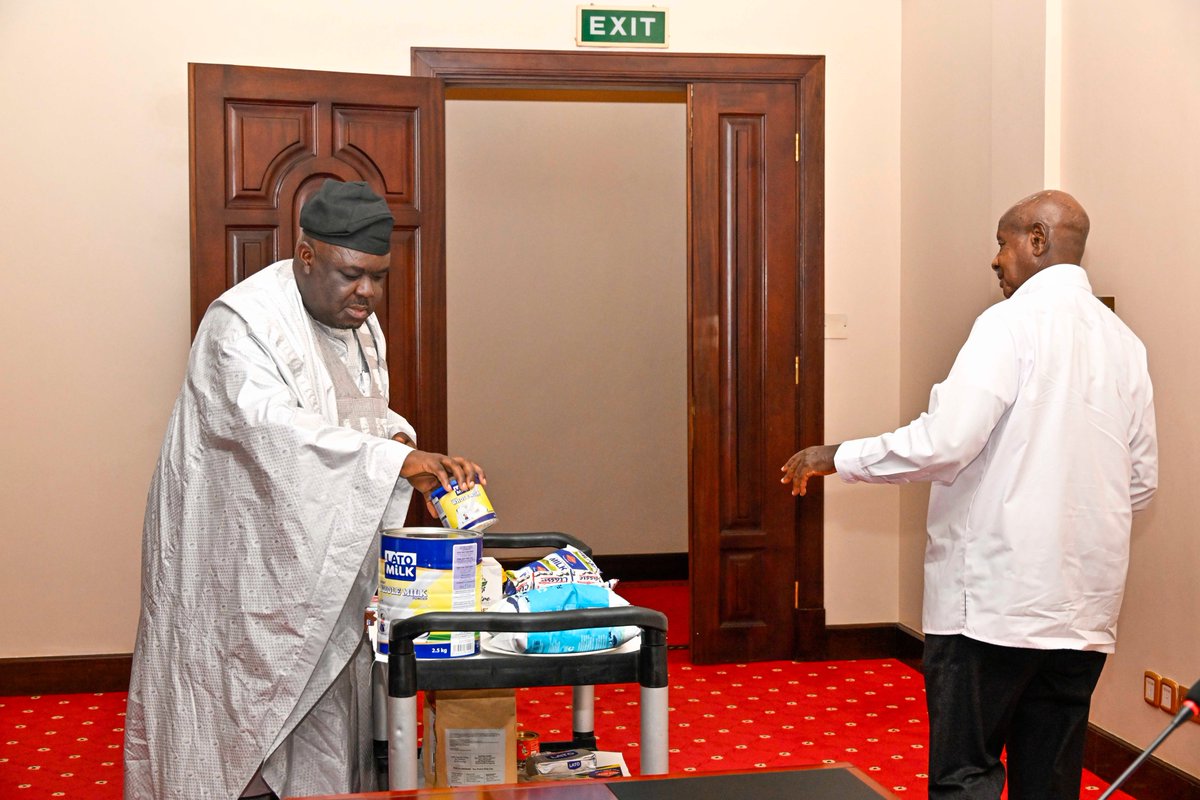 KagutaMuseveni's tweet photo. I met Dr. Abbas A. Waziri  from Nigeria, at State House Entebbe. We discussed investments in cement manufacturing and minerals, as well as exporting our Ankole cattle and dairy products to Nigeria. Africa must produce, add value and trade more with itself. I welcome him. https://t.co/yDo41PF3fx