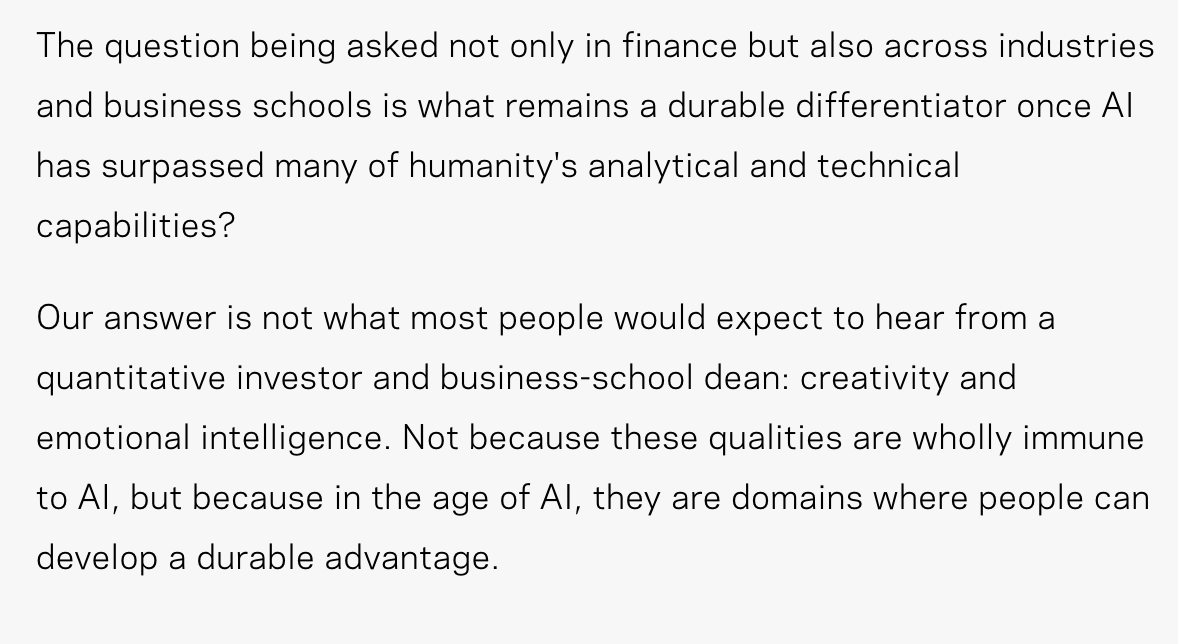 Pedromiranda's tweet photo. Quant firms are hiring idea guys, not quants

I've been skeptical about the whole - software is commoditized, ideas are the moat argument

But I've seen first hand the best quant and technical firms in the world hire thinkers, liberal arts grads, and generalists 

I predict the trend accelerates

Letter from @AQRCapital below