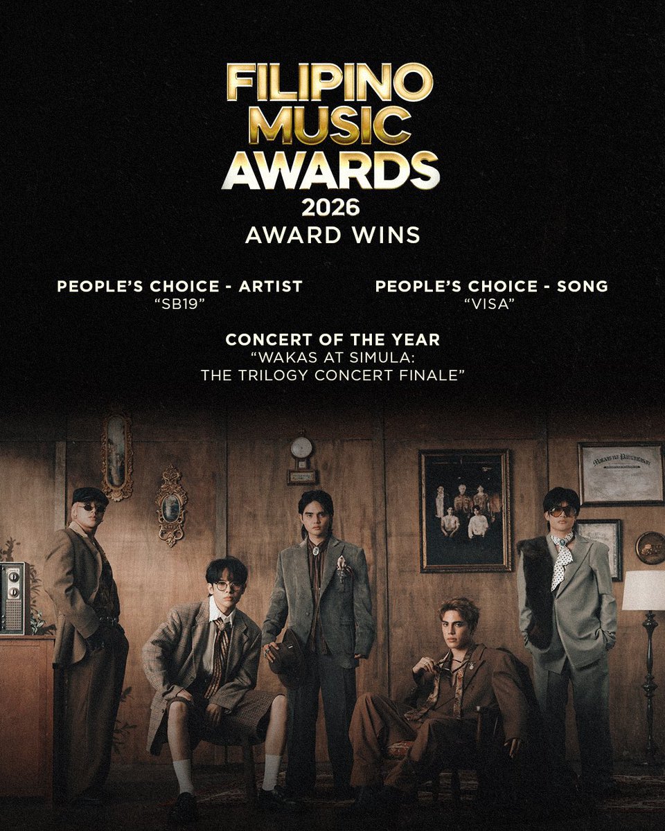 1zentertainment's tweet photo. SB19 (@SB19Official) earns the following recognitions at the Filipino Music Awards 2026.

For those who have witnessed every chapter. For the music that continues to cross boundaries. For every stage that carries their story forward.

This milestone is celebrated with everyone who has been there through it all, especially A'TIN! 

#1ZEntertainment #SB19 #FilipinoMusicAwards