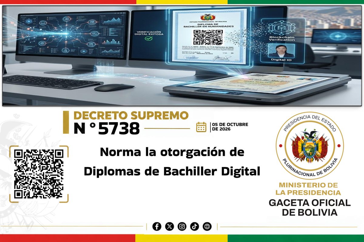 GacetOf_Bolivia's tweet photo. La #GacetaOficialDeBolivia pone a disposición el #DecretoSupremoN5738 de 05 de octubre de 2026, para su consulta y conocimiento.
https://t.co/eloAtBuVuN
Escanea el código QR para acceder al decreto directamente. https://t.co/IWnHz9U0d4