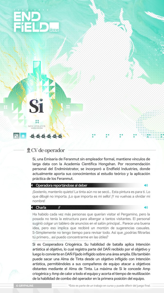 AKEndfieldES's tweet photo. // Si

Si es una de las pocas emisarias de Feranmut en Talos-II. Debajo de su exterior misterioso y formidable, yace una joven alma que aún se aferra a la esperanza y la curiosidad sobre el mundo.
En su vida cotidiana, utiliza sus habilidades para brindar soporte integral a A.C.H. y Endfield. En su tiempo libre, disfruta de explorar las ciudades de Talos-II buscando las últimas tecnologías y modas. Sigue los deseos de su corazón y no se deja llevar por las convenciones.

▼//Descarga el juego desde el sitio web oficial: https://t.co/TNb80zBSGE

#ArknightsEndfield #Endfield #SanctuaryOfInk