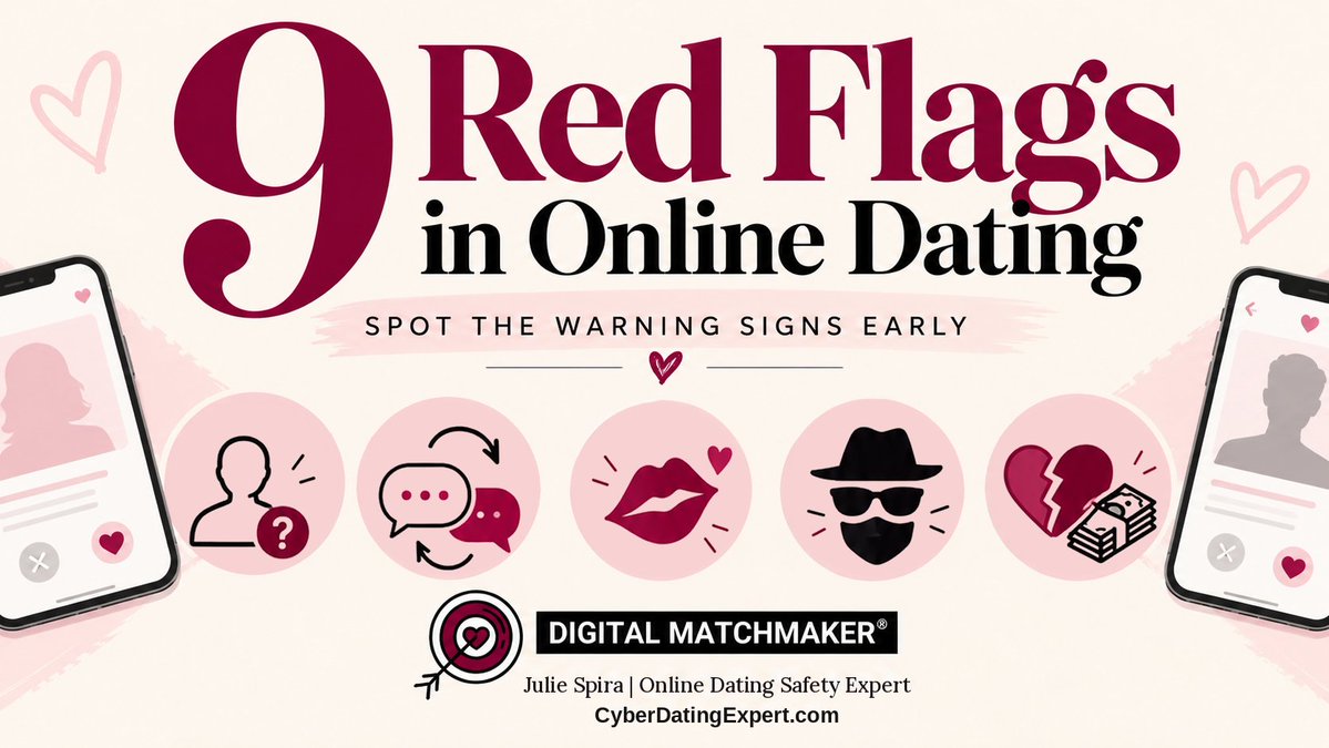 JulieSpira's tweet photo. 🚩 Would you spot the red flags before getting emotionally invested?

For #CybersecurityAwarenessMonth, I’m sharing 9 Red Flags in Online Dating, from the Naked Profile and Hot-and-Cold Texter to the Sob Story Scammer.

Date smart. Date safe. ❤️

https://t.co/ktLAR2hRxI

#OnlineDating #DatingSafety #RomanceScams