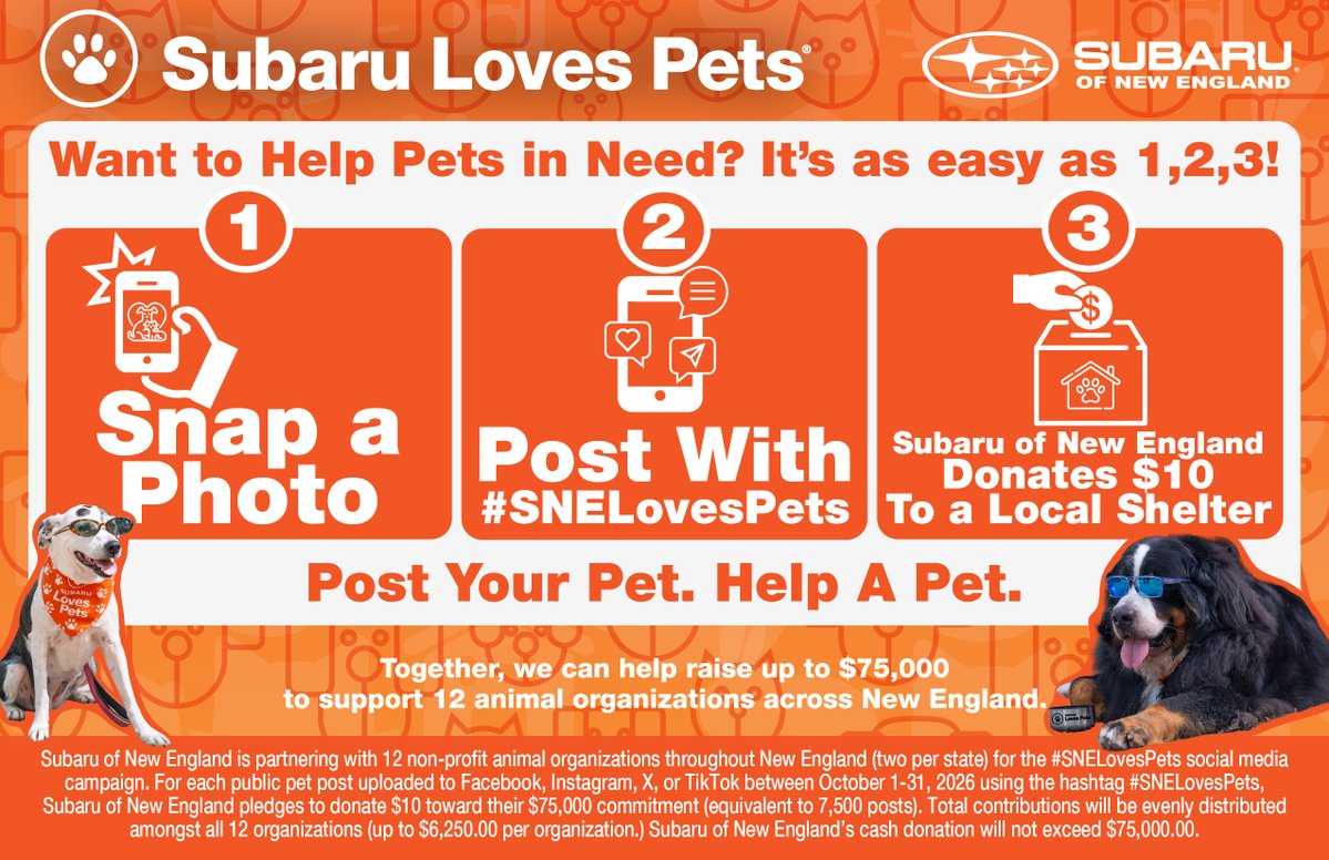 SubaruOfNewEng's tweet photo. @bertie_lakeland We love this! If you include the hashtag #snelovespets throughout October, Subaru of New England will donate $10 per post to local animal shelters (up to 75,000)! https://t.co/vFVDjnhRrK