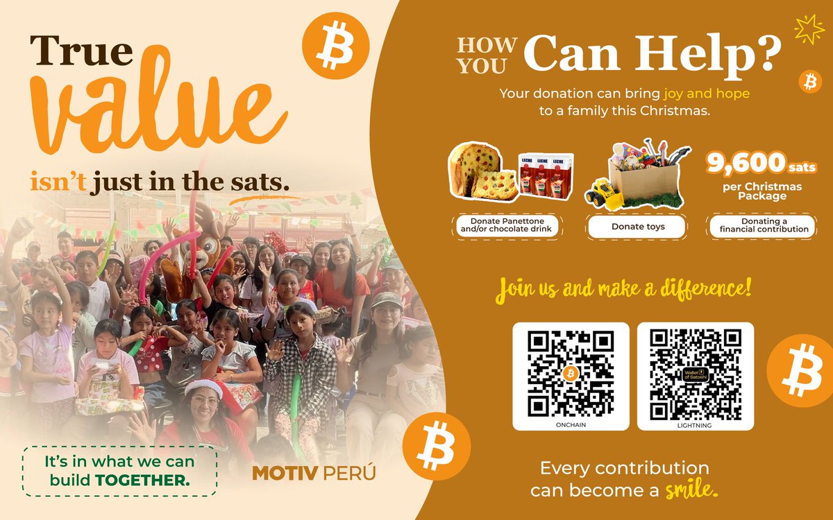 MotivPeru's tweet photo. 🎄 This Christmas, turn your sats into smiles. ₿

In MOTIV Perú, we understand that value isn't just about stacking sats.
It's also about what we can build with them.

This Christmas, MOTIV Perú is turning Bitcoin into real-world impact for families in need. You can help by donating 9,600 sats for a Christmas pack, or by contributing panetones, chocolate drink, or toys.

Because every sat can become something bigger:
a moment of joy, a shared experience, and a brighter Christmas for a family. ❤️

🟠 Join us. Give what you can. Let's build together.

#Christmas2026 #SatsForChristmas #Navidad2026 @Bitcoinbeach @kinetic_finance @awstian @JoeNakamoto @isabellasg3 @LOReBitcoin @MotivPM @RunwithBitcoin @frankcorva @piratehash @madalena_antao @jhonnydrealty