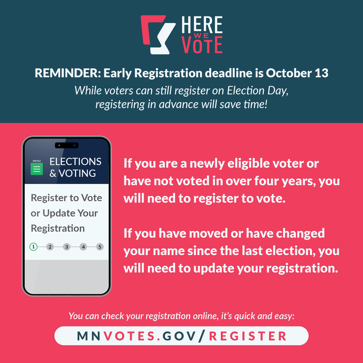MNSecofState's tweet photo. #TrustedInfo2026 on Voting
REMINDER: Oct. 13 is the deadline for early registration. If you're a new voter or haven't voted in 4+ years, you will need to register to vote. If you've moved or changed your name, you'll need to update your registration. 🔗https://t.co/P16uwi4Hht https://t.co/yxLEoNtd6a
