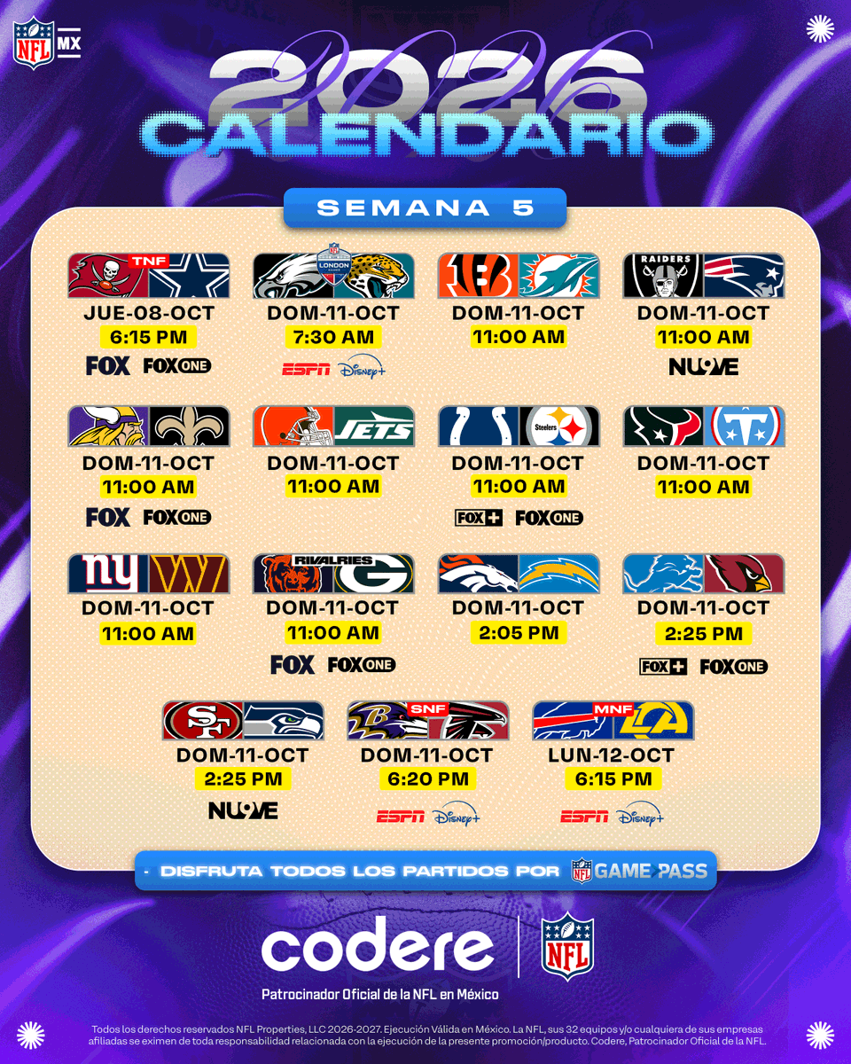 nflmx's tweet photo. Ya se armó el plan🏈🔥
Semana 5 lista para disfrutar de principio a fin😮‍💨
��Qué partido traes en la mira? 👀
Presentado por @CodereMX 
📺💻 @somos_FOX | @ESPNmx | @TUDNMEX  | @disneyplusla https://t.co/U7ru0kzYt0