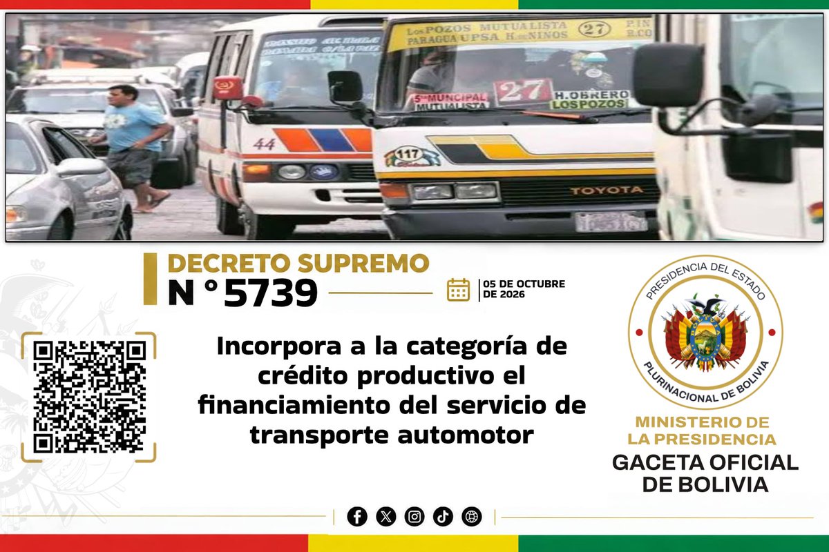GacetOf_Bolivia's tweet photo. La #GacetaOficialDeBolivia pone a disposición el #DecretoSupremoN5739 de 05 de octubre de 2026, para su consulta y conocimiento.
https://t.co/eloAtBuVuN
Escanea el código QR para acceder al decreto directamente. https://t.co/sAct8Tf7PF