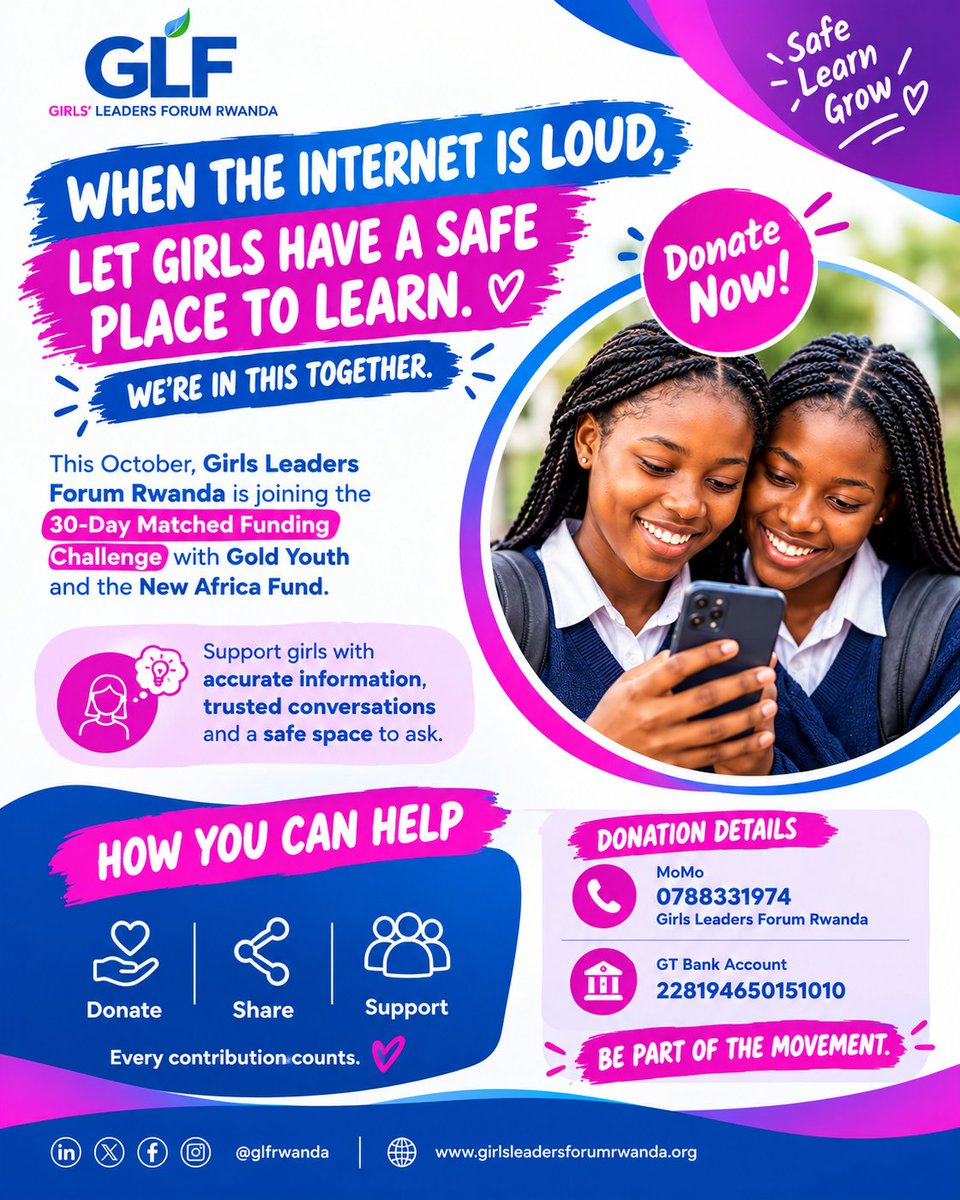 Glf_Rwanda's tweet photo. Help GLF Rwanda raise USD 20,000 in 30 days to invest in the leadership and future of girls and young women.

Donate: https://t.co/AHEMXUAVro
MoMo 0788331974(Girls Leaders Forum Rwanda)
228194650151010 GLF Bank Account, GT Bank
SWIFT Code: GTBIRWR https://t.co/NwVevAb6IP
