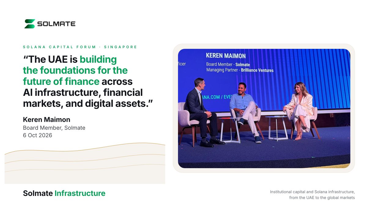 Solmate's tweet photo. @Keren_maimon1 at the @solana  Capital Forum in Singapore, sharing her perspective on the UAE’s role in building the future of finance:

The future of finance needs new infrastructure. 

The UAE is building it across AI, capital markets and digital assets. https://t.co/nA1tYXu6yN