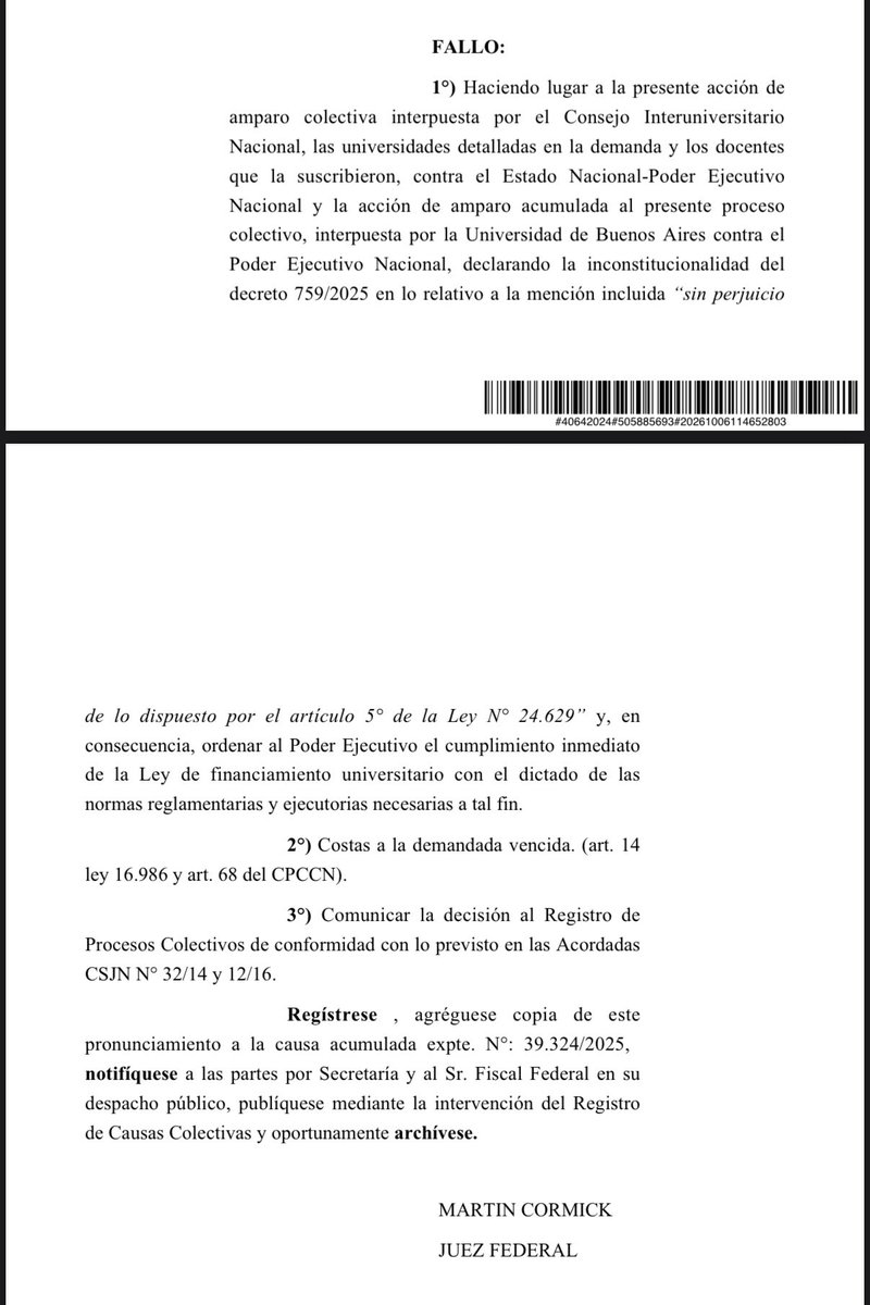 fbartolacci's tweet photo. Sentencia favorable sobre el planteo de fondo. Un paso más y muy importante para alcanzar el cumplimiento pleno de la Ley de Financiamiento Universitario. https://t.co/YylynfYDEx