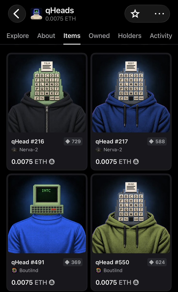 labsworks_eth's tweet photo. A fun free mint community project for @Quotrons404 and $QSTRAT holders. Supply was capped at 735 qHeads after the public mint ended, 29 listed now. 🫟 🧪 https://t.co/sY8rGN4wS2