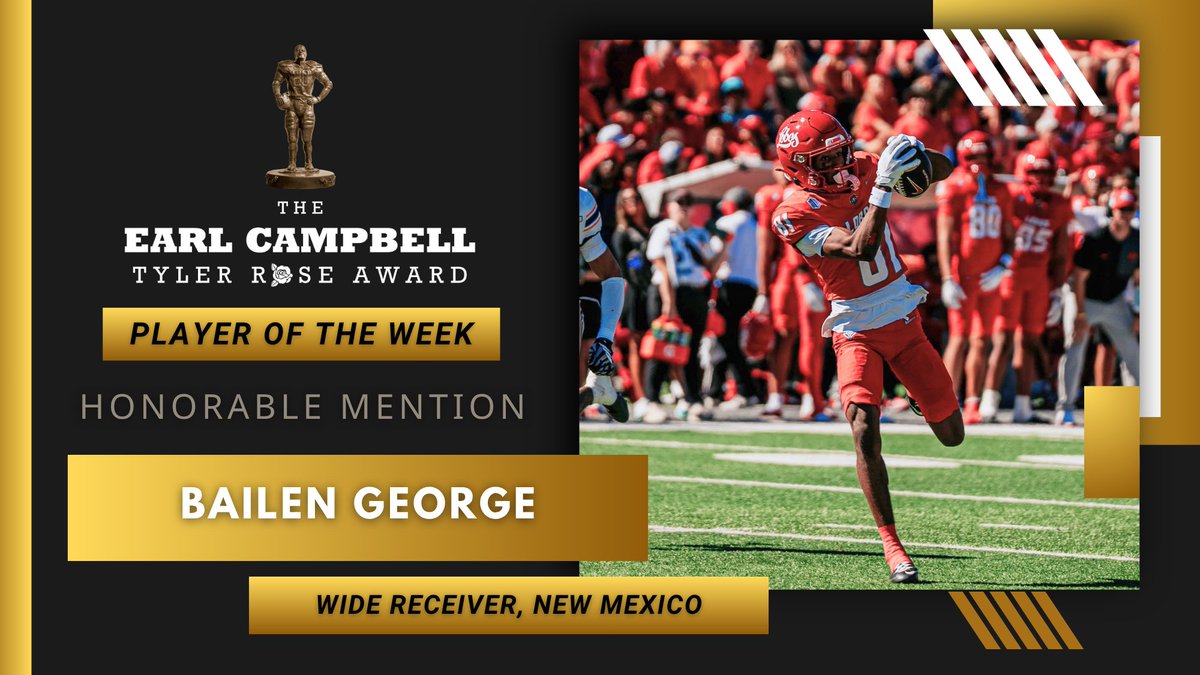 CampbellAward's tweet photo. Week 5 Honorable Mention: @UNMLoboFB WR Bailen George (Ridge Point HS, TX) #GoLobos
@BailenGeorge1 https://t.co/kSSnGrAiUA