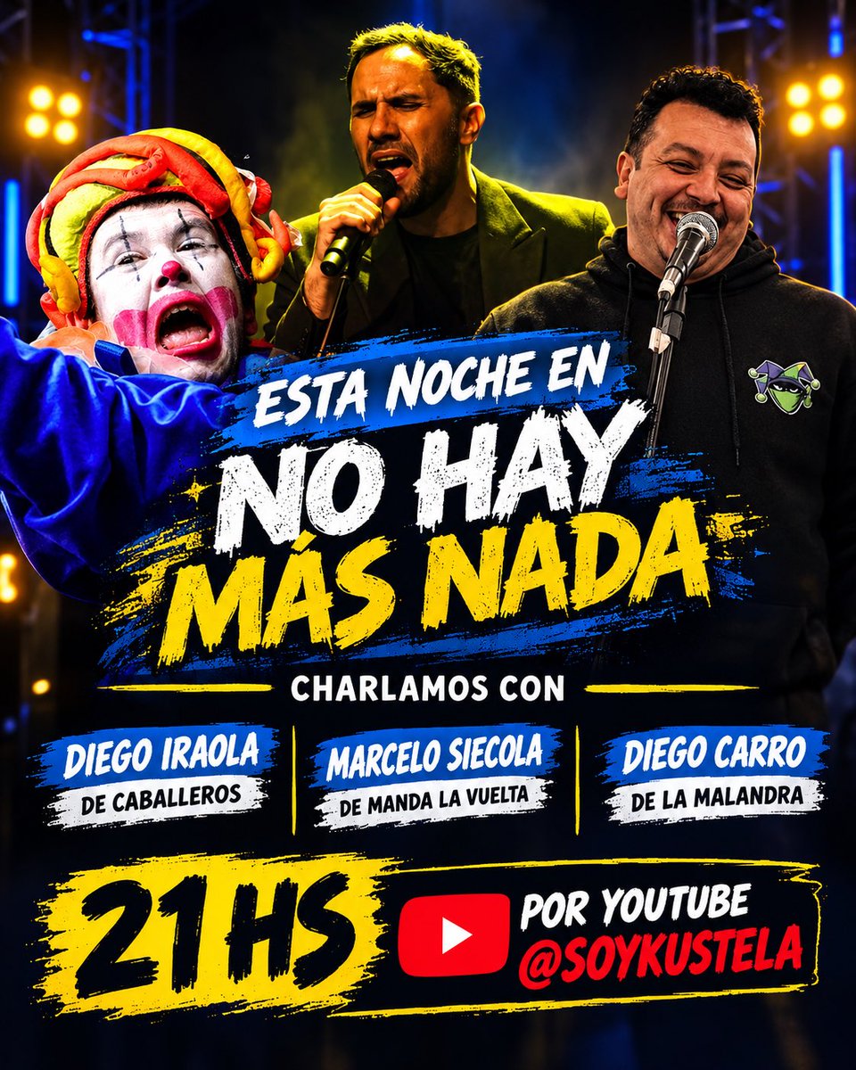 soykustela's tweet photo. Hoy en No Hay Más Nada 

- Diego Iraola 
- Marcelo “ Chelo ” Siecola 
-Diego Carro 

Desde las 21 por YouTube/@soykustela https://t.co/0TS0QNTAvM