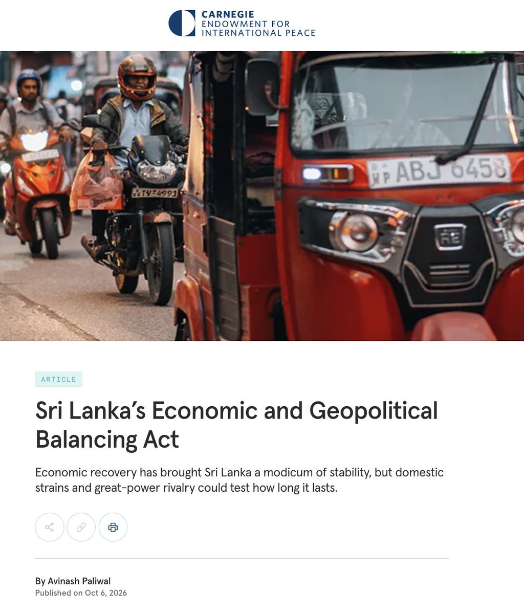 MilanV's tweet photo. New from @CarnegieSAsia : @PaliwalAvi reflects on Sri Lanka's careful economic and geopolitical balancing act. Economic recovery has brought Sri Lanka a modicum of stability, but domestic strains and great-power rivalry could test how long it lasts. https://t.co/9PLAm9fZfd https://t.co/OXsscLyPEp