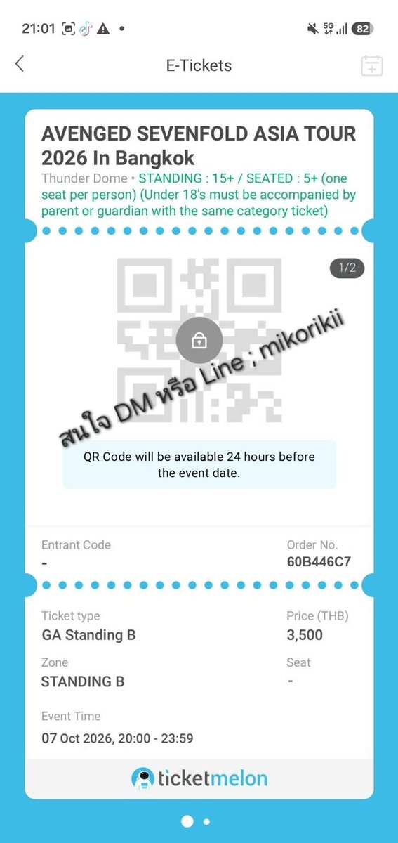 Mindminttt94's tweet photo. ปล่อยรอบ วันพุธ 

โซน B Stand มีสองใบ 

2,750  บาท 

พร้อมส่ง Qr code ยังไม่ผ่านการ Register

เครดิต รีวิว มีแนบให้ครบ

สนใจ DM หรือ Line : Mikorikii

#a7x #AvengedSevenfold  #AvengedSevenfoldLiveinBKK https://t.co/2k1Q3TYe2z