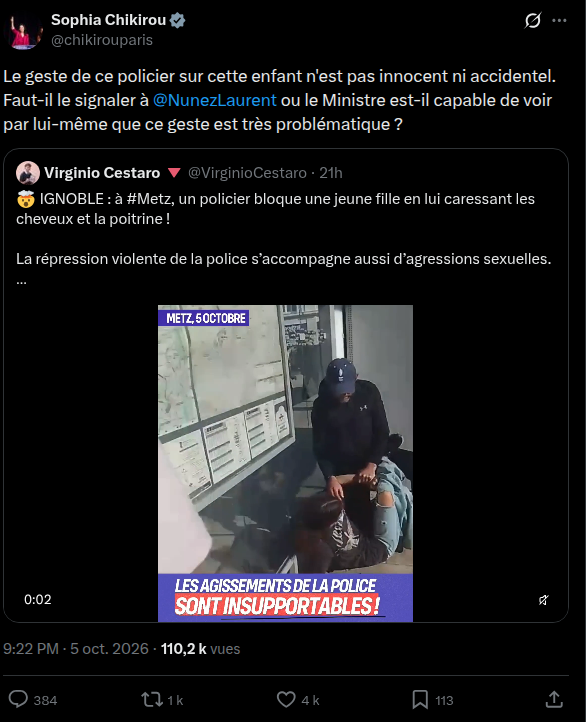 ZeMedConf's tweet photo. 🔴 FLASH | La Députée LFI Chikirou se trouve parmi les 4 premiers comptes qui ont véhiculé sur X la fake news d'un policier agressant sexuellement une lycéenne. https://t.co/qNhlPGzIba