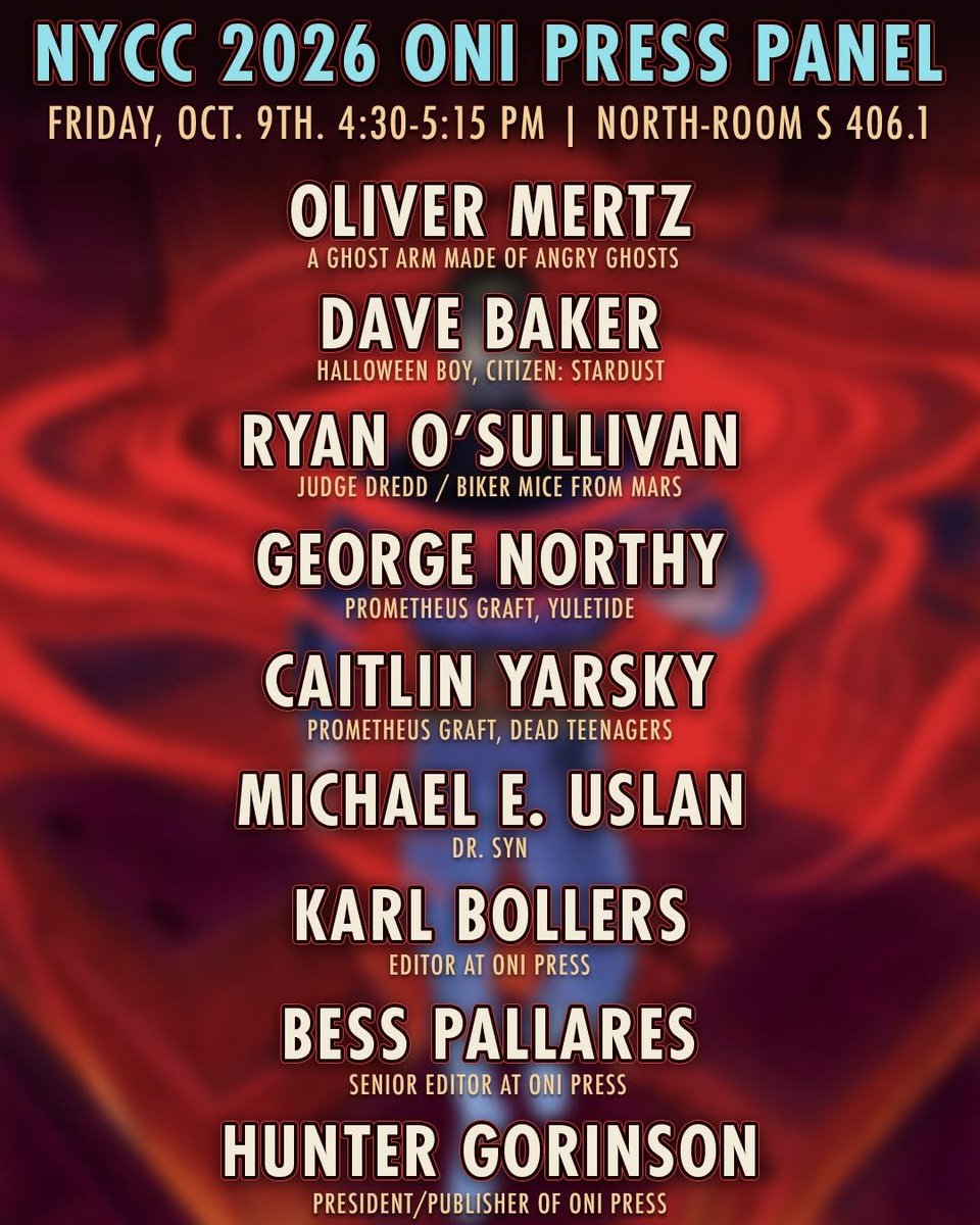 RyanOSullivan's tweet photo. NYCC will be a White Noise reunion this year! First time @DanPGWatters, @therightram, @AlexPaknadel and my bad self have been together been at the same comicon for over FIVE years! Hyped.

I'm also doing a panel with @OniPress on Friday at 4:30pm. Come say hi! 🚲🐭 https://t.co/TETy60waAH