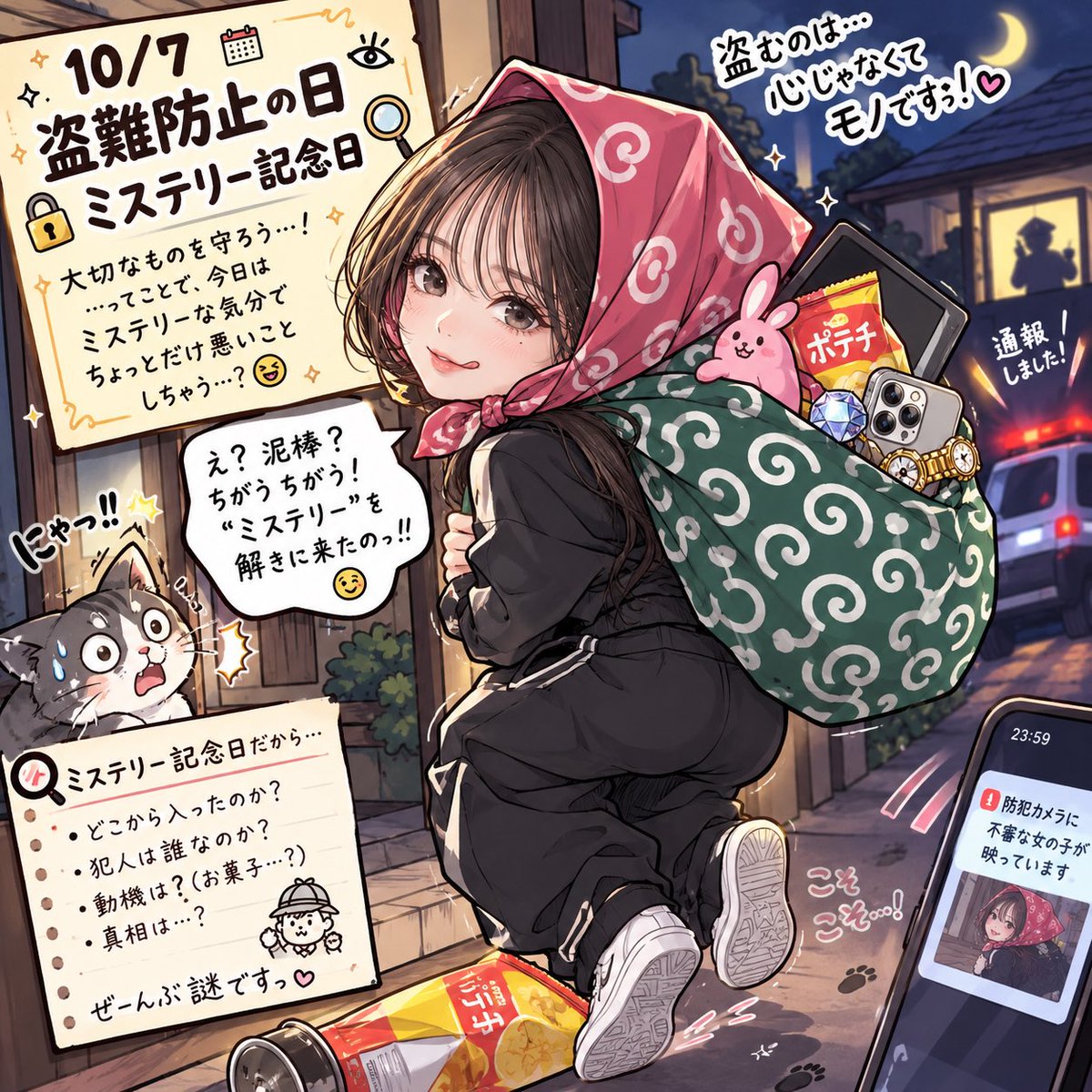 Ruminariesuki's tweet photo. 10/7は盗難防止の日とミステリー記念日ということで！！🕵️‍♀️��

探偵ごっこのつもりだったのに…

気づいたら風呂敷背負って、
「それ完全に泥棒やーーん！！🤣」って総ツッコミされた😂💨

「証拠品ですっ！」って言い張ったけど、
中からお菓子にゲーム機にぬいぐるみまで出てきて完全アウト🤣🤣

おまわりさんも思わず
「いや、証拠品多すぎるでしょ😂」ってなってたかも🤭🚓

みんななら、この泥棒見つけたらどうする？👀��🕵️‍♂️