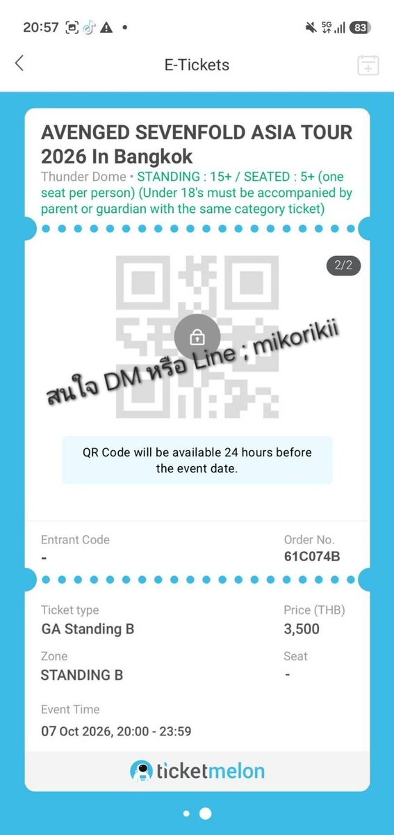 Mindminttt94's tweet photo. ปล่อยรอบ วันพุธ 

โซน B Stand มีสองใบ 

2,750  บาท 

พร้อมส่ง Qr code ยังไม่ผ่านการ Register

เครดิต รีวิว มีแนบให้ครบ

สนใจ DM หรือ Line : Mikorikii

#a7x #AvengedSevenfold  #AvengedSevenfoldLiveinBKK https://t.co/2k1Q3TYe2z