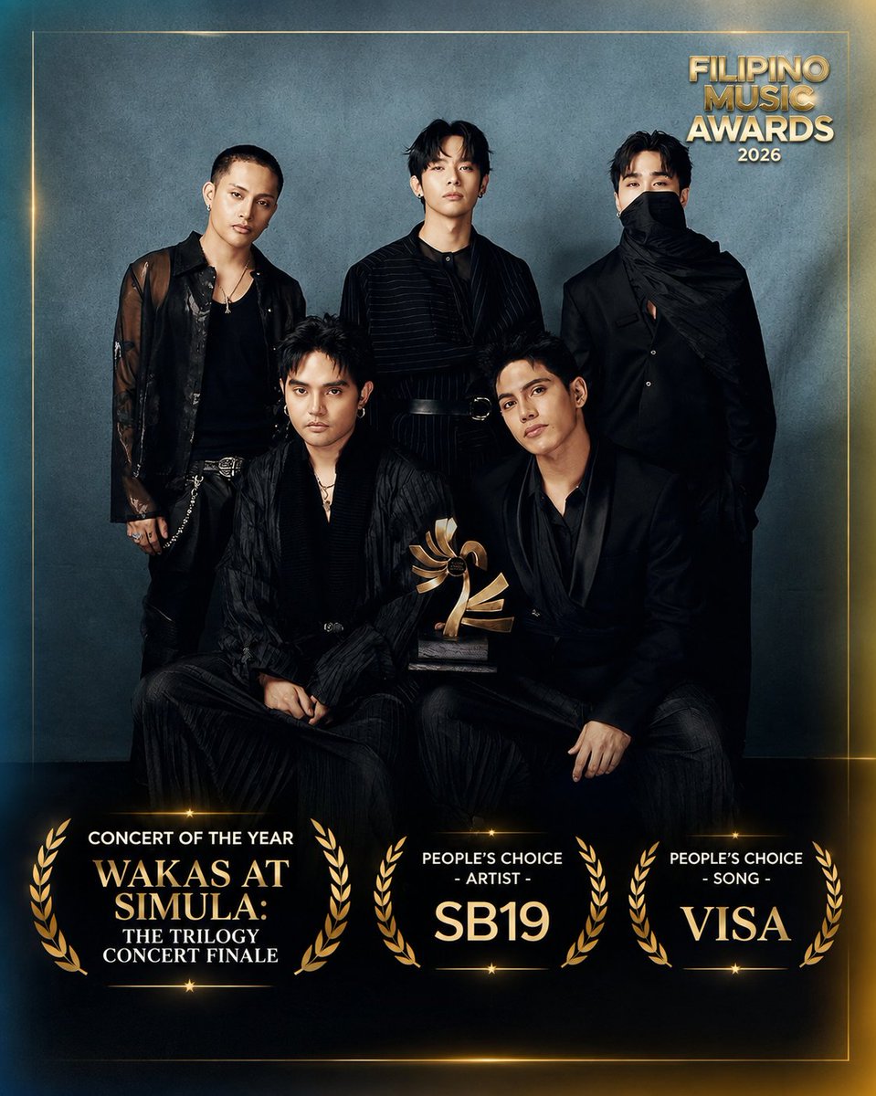 Liyahc_LOVE's tweet photo. Three honors at the Filipino Music Awards 2026:

🏆 Concert of the Year — WAKAS AT SIMULA: The Trilogy Concert Finale
🏆 People’s Choice – Artist — SB19
🏆 People’s Choice – Song — VISA

Congratulations, SB19. You continue to give A’TIN countless reasons to be proud.

WAKAS AT SIMULA: The Trilogy Concert Finale. SB19. VISA. 

SB19 MAY BISA SA FMA
@SB19Official
#SB19 #SB19RocksTheFMA