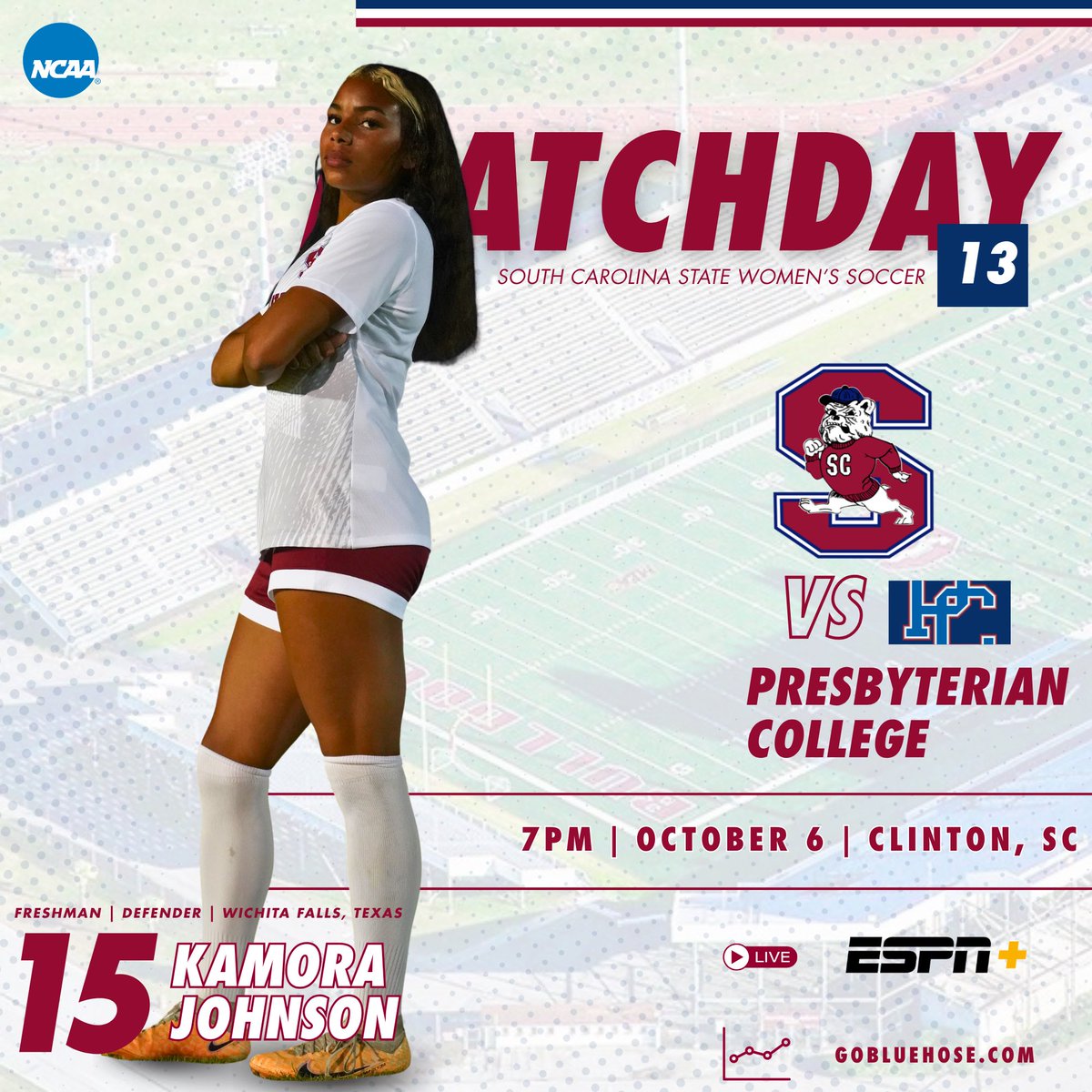 SCStateWSOC's tweet photo. In-State tilt on deck 🔜
🆚 Presbyterian
🗓️ October 6
⏰ 7PM
🏟️ Martin Stadium
📍 Clinton, SC
📺 ESPN+
📊 https://t.co/UVuojiGt5E
#makeaSTATEment🐾 | @SCStateAthletic https://t.co/rBGRG3eiS9