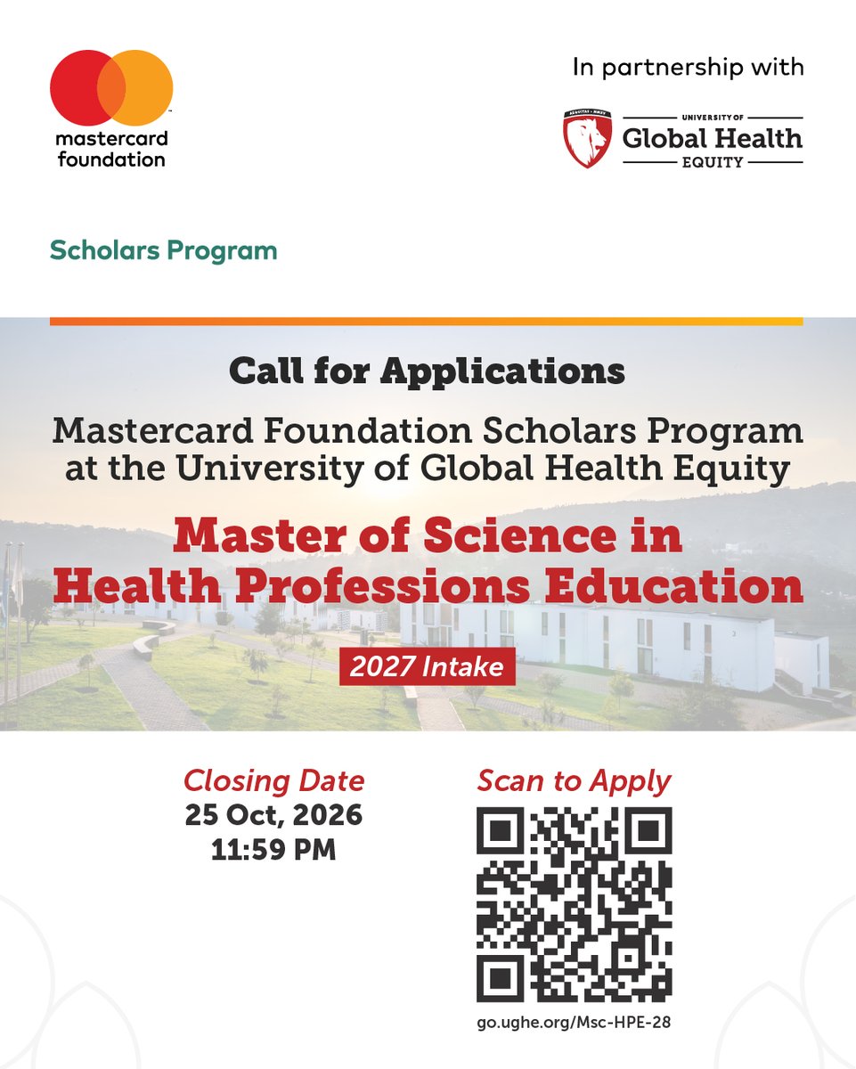 ughe_org's tweet photo. Applications are now open for the 2027 intake of the Master of Science in Health Professions Education through the Mastercard Foundation Scholars Program at UGHE.

The programme is designed to strengthen the capacity of health professions educators to improve teaching, learning and educational leadership.

Application deadline: 25 October 2026 at 11:59 PM  
Read more here: https://t.co/fGZNVRj6B2
Apply here: https://t.co/MIgLH6H37N