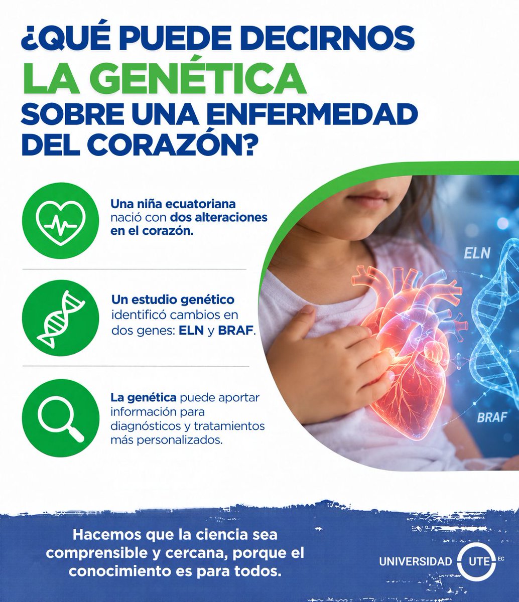 CienciaUTE's tweet photo. ❤️ Cuando un niño nace con un problema en el corazón, una pregunta clave es: ¿por qué ocurrió?

Investigadores del Centro de Investigación Genética y Genómica de la Universidad UTE estudiaron el caso de una niña ecuatoriana con dos problemas cardíacos desde su nacimiento.

El análisis genético identificó alteraciones en dos genes: ELN, relacionado con la elasticidad de los vasos sanguíneos, y BRAF, que participa en el crecimiento y desarrollo de las células.

Estos hallazgos aportan nuevas pistas para comprender casos complejos y muestran el valor de la investigación genética en la salud.

🔗https://t.co/B2sF6XNhsA 

#InvestigacionUTE #Genética #ODS3 #ODS4