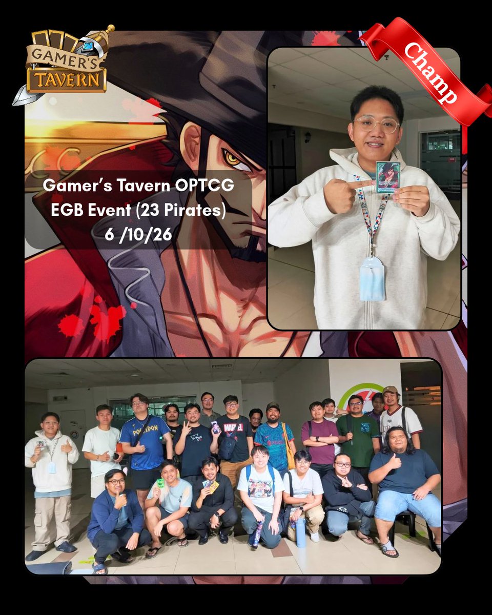 GamersTavernBN's tweet photo. 🇧🇳Gamer's Tavern One Piece Extra Grand Battle Event 06.10.2026 Results!!
23 Pirates!!
Congratulations to our Winner !!🎉✨
🥇Azhar - 🟢Mihawk
🥈Jacol - 🟣Kaido
🥉LeoYJJ - 🟣Kaido
Deck distribution: 23 Pirates
#Gamerstavern #BruneiLocalTCGStore #OPTCG #Onepiece #BandaiTCG https://t.co/63LXK87iif