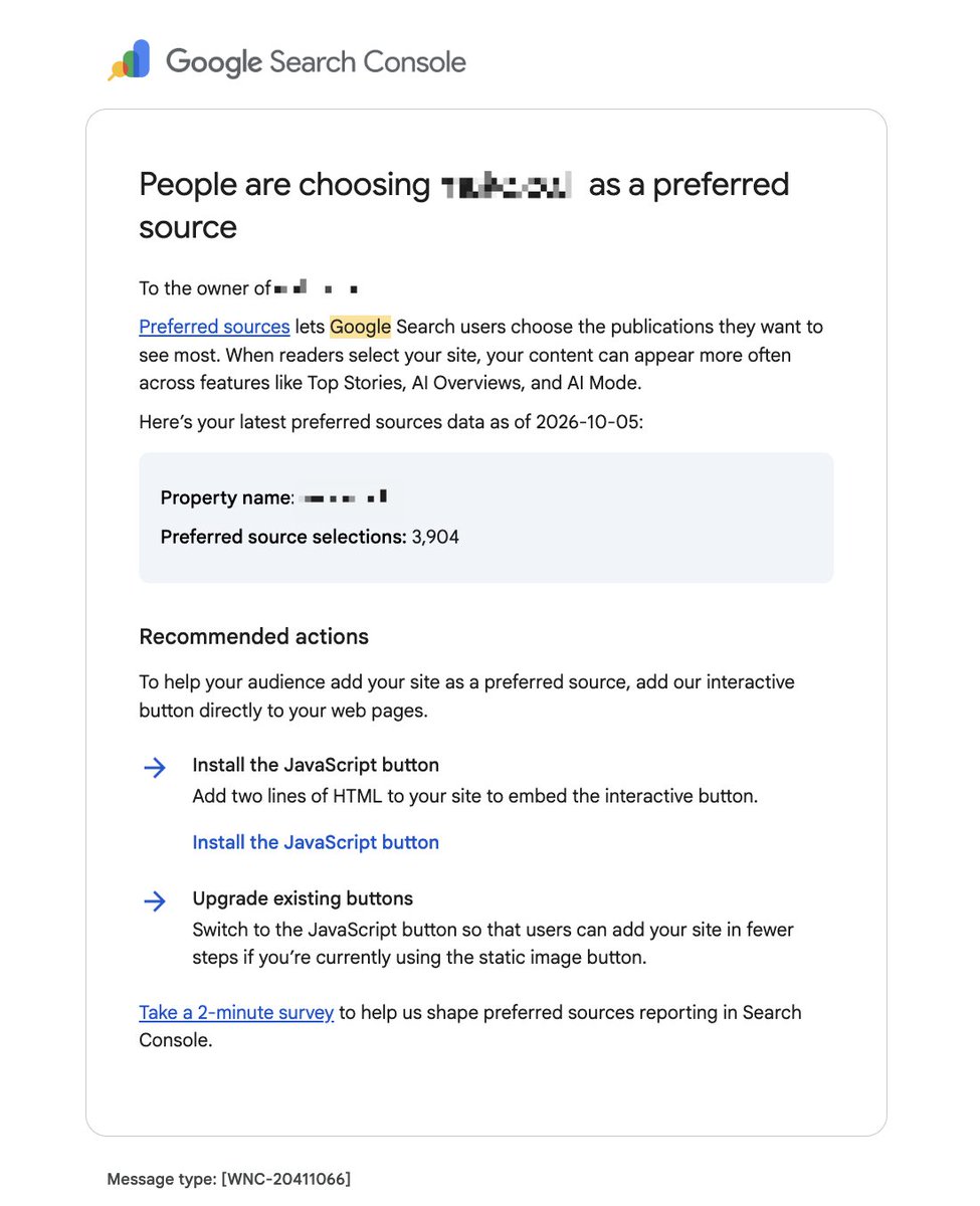 Netanel's tweet photo. 👀 Interesting. First time I'm seeing this.
Google Search Console is now emailing publishers with the number of users that selected their site as a Preferred Source.

No report in GSC that I can find. The number is just included in the email itself. https://t.co/lsd5EQb3PZ