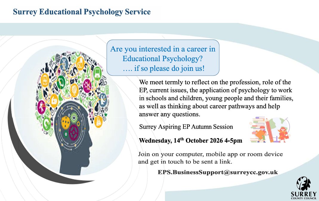 surreyeps's tweet photo. Are you an #aspiringep interested in a career in educational psychology?😍 If so, come & join us on Weds 14th Oct, 4-5pm.
Meet EPs & TEPs from @surreyeps to find out more about the role, the application process & lots more. Please email our business support team for the link😀 https://t.co/D1FMGZrEHE