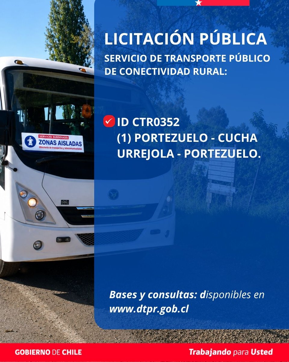 MTTNuble's tweet photo. 🚍 En la comuna de #Portezuelo, ya está en proceso una nueva licitación de transporte de Conectividad Rural (CTR0352), que contempla el servicio: 
✅️Portezuelo - Cucha Urrejola - Portezuelo.

📄 Las bases y consultas están disponibles en https://t.co/fV26RLjbjQ https://t.co/ysnPXvczOm