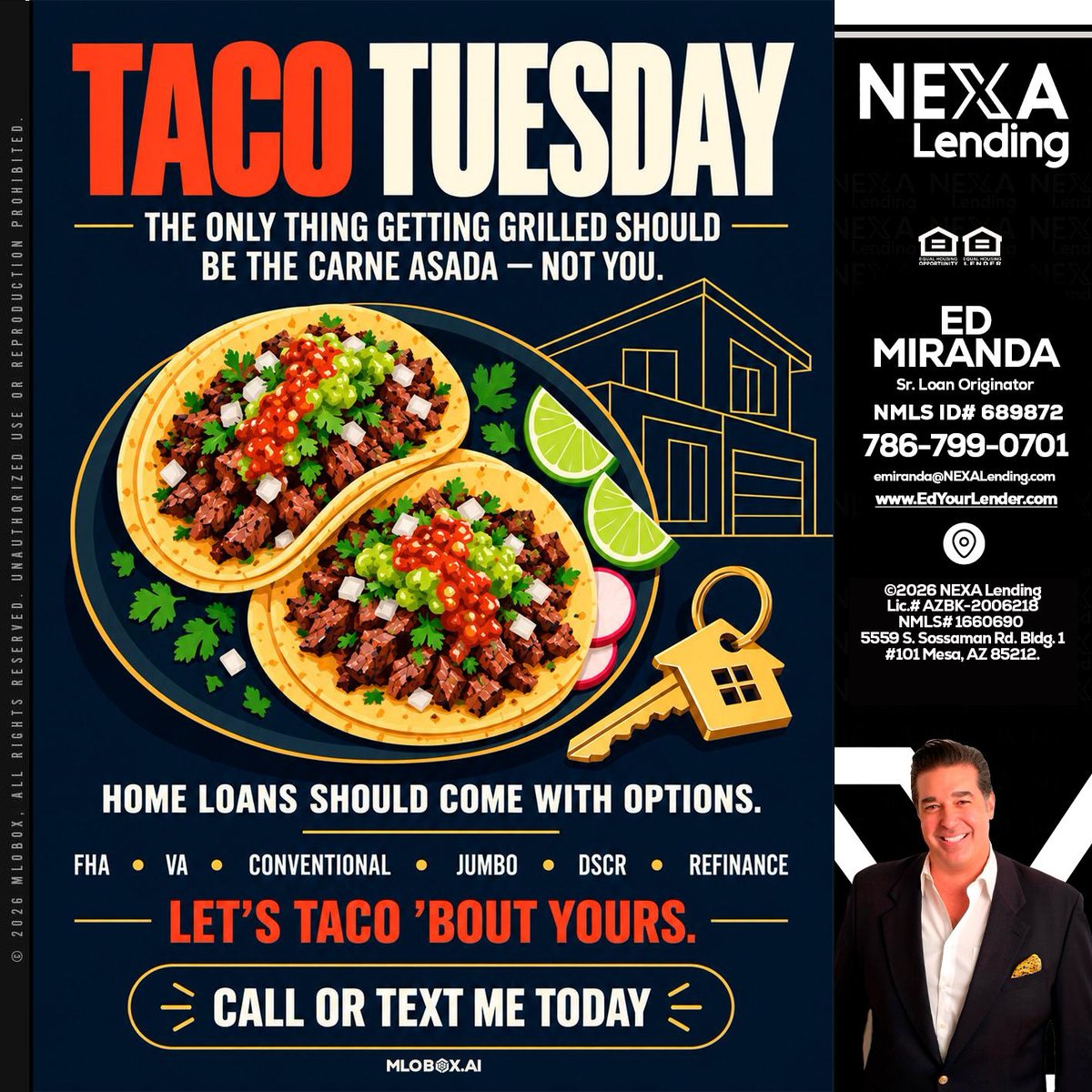 EdYourLender's tweet photo. Taco Tuesday vibes! ๐ฎ Letโs taco 'bout your home loan options. Donโt get grilled, let me help you find the best fit! Call or text me today! ๐ #TacoTuesday #HomeLoans #LetsTacoBoutIt #edyourlender
๐ง edyourbroker@gmail.com
๐ 7867990701 https://t.co/dwocUAAGln