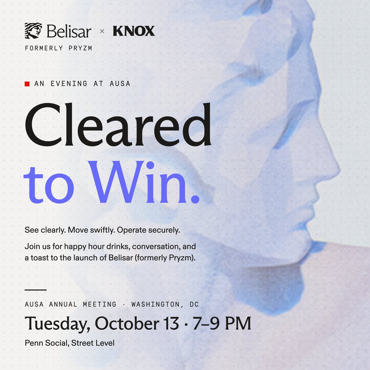 belisarinc's tweet photo. Headed to #AUSA2026? Join us and Knox Systems for a Happy Hour on Tuesday, 10/13. Save your spot here: https://t.co/Zo0H5ZiuHV https://t.co/NZohUrsq3k