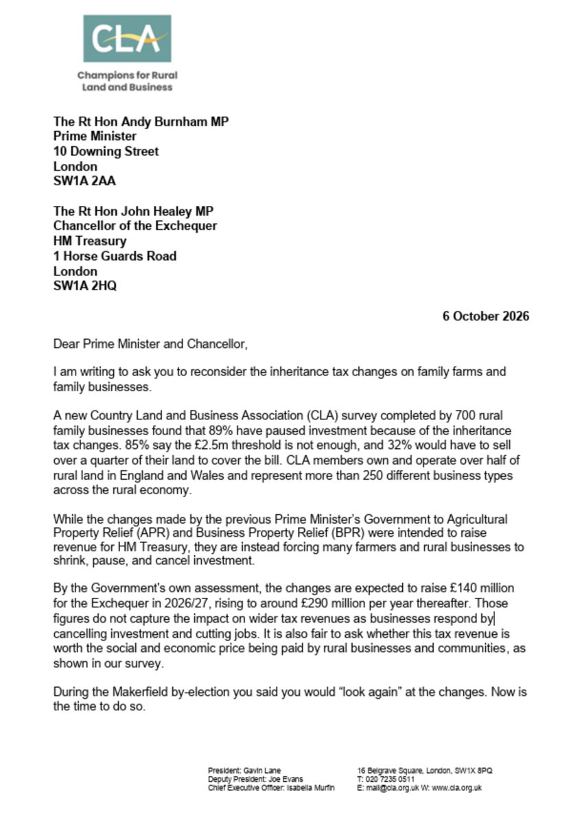 CLAtweets's tweet photo. Our letter to the PM and Chancellor calling the government to rethink damaging inheritance tax changes. 👇

"Reversing these changes at the next opportunity – the Autumn Budget on 28 October 2026 - would send a clear signal that your government is serious about growth, investment, and supporting family businesses."
#FamilyFarmTax