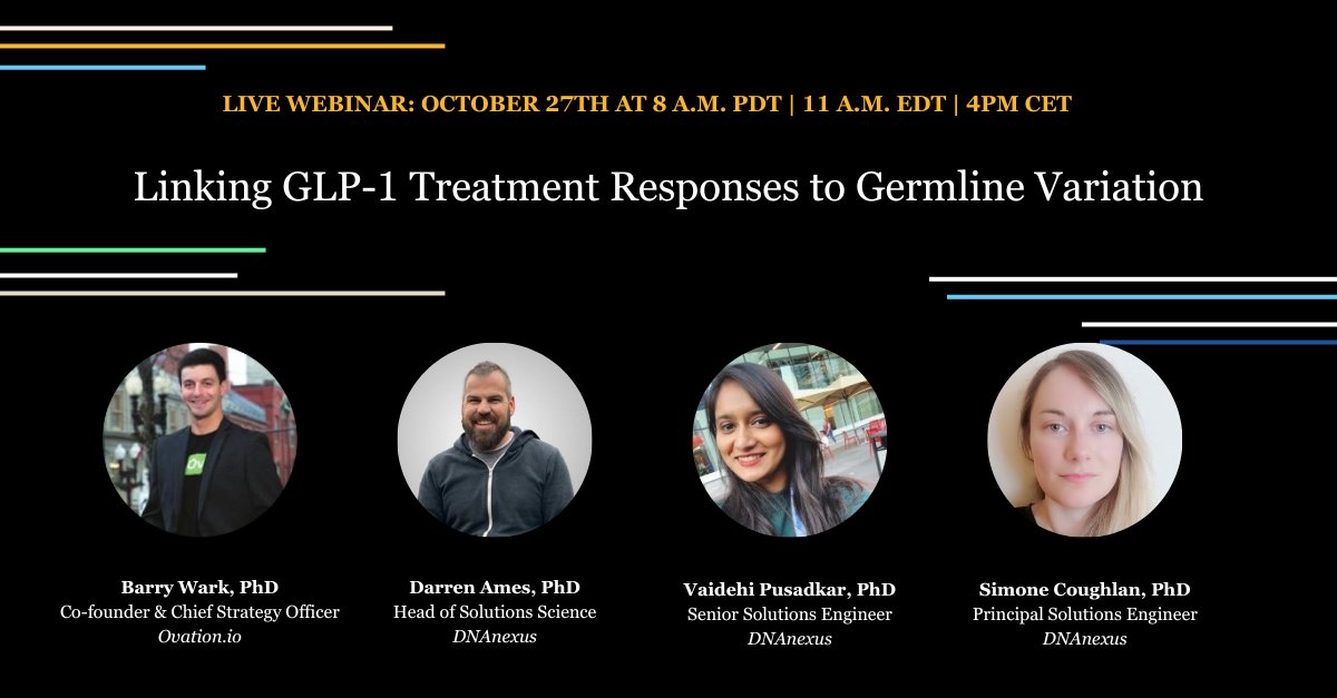 dnanexus's tweet photo. Our upcoming webinar is a case study on therapeutic response examining glycemic response, side effects, and the influence of germline variants on these with our partners Ovation. Register: https://t.co/Pxk6I27kVz
#GLP1 #Pharmacogenomics #PrecisionMedicine #Genomics #DNAnexus https://t.co/ccAe1FJYX8