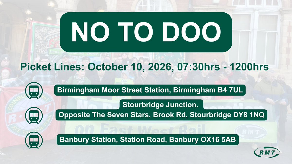 RMTunion's tweet photo. No to DOO
This Saturday, October 10, 2026, come and join RMT members on the picket line as they take industrial action after Chiltern Railways refused to provide guarantees over the safety critical role of the second person on board proposed East West Rail services. https://t.co/bdWlxFcKOc