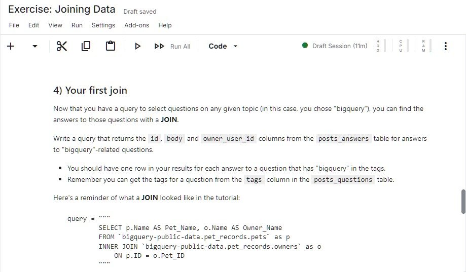 web3_chemist0's tweet photo. Day 2 of learning SQL on Kaggle.

I used the JOIN function to combine two tables together using the column  "Id" available in both tables.

I also filtered out words including biqquery using the wildcard operator "%"

I also used aliasing to remame the tables used. https://t.co/WsZQGcZSHJ