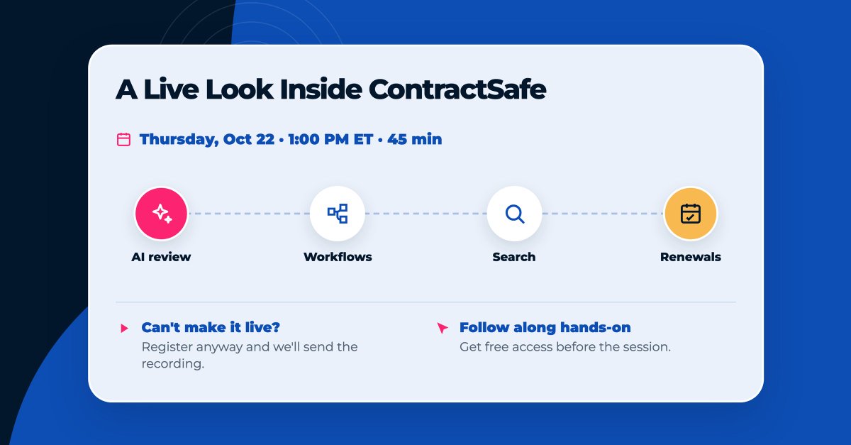 ContractSafe's tweet photo. 👀 Still tracking contracts in spreadsheets? See ContractSafe live, no slides.

Free webinar on Oct. 22 at 1 PM ET. Save your seat.
https://t.co/HFKXvDFpx9

#CLM #LegalTech #ContractManagement #ContractSafe #ContractManagementSoftware https://t.co/lvcqLRtvsy