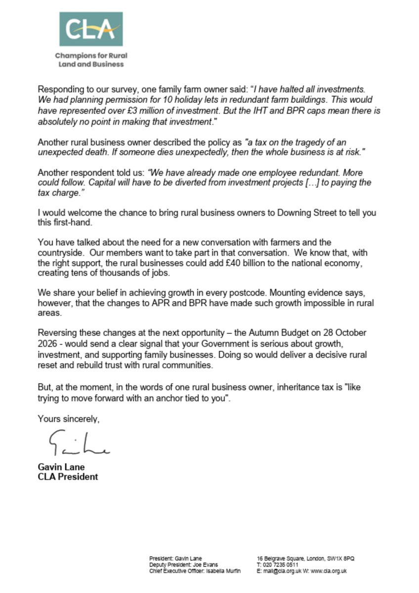 CLAtweets's tweet photo. Our letter to the PM and Chancellor calling the government to rethink damaging inheritance tax changes. 👇

"Reversing these changes at the next opportunity – the Autumn Budget on 28 October 2026 - would send a clear signal that your government is serious about growth, investment, and supporting family businesses."
#FamilyFarmTax