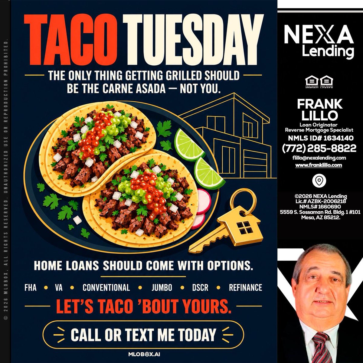 FrankLilloMTG's tweet photo. Celebrate Taco Tuesday with us! ๐ฎ Whether you're grilling carne asada or exploring home loan options, letโs taco 'bout your future! Call or text me today! ๐ #TacoTuesday #HomeLoans #LetsTacoBoutIt
๐ง flillo@nexalending.com
๐ (772) 285-8822 https://t.co/p0wyS7FpNF
