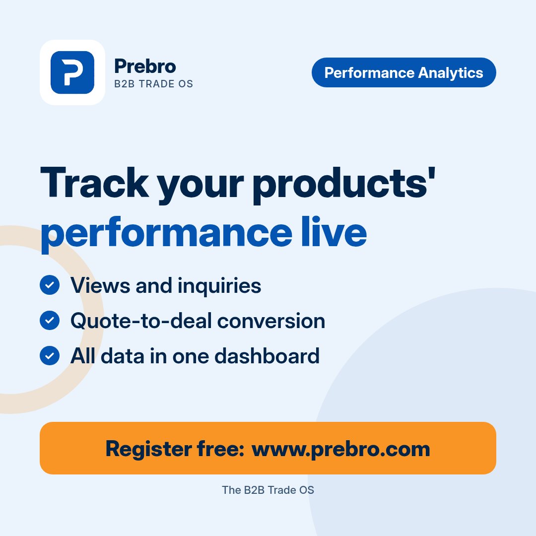 prebrocom's tweet photo. Which of your products attract buyers most?
On Prebro, track views, inquiries and quote-to-deal conversion in real time.
Register free: https://t.co/LE6NqJn4Ot
#Prebro #Manufacturing #Analytics #Export #B2B https://t.co/6LoxwFMij6