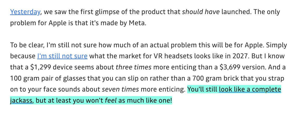 mgsiegler's tweet photo. I feel like Vision Pro vs. Meta VR Glasses can be boiled down to this... https://t.co/MLiRDnqdvc https://t.co/POFDLO7g9M