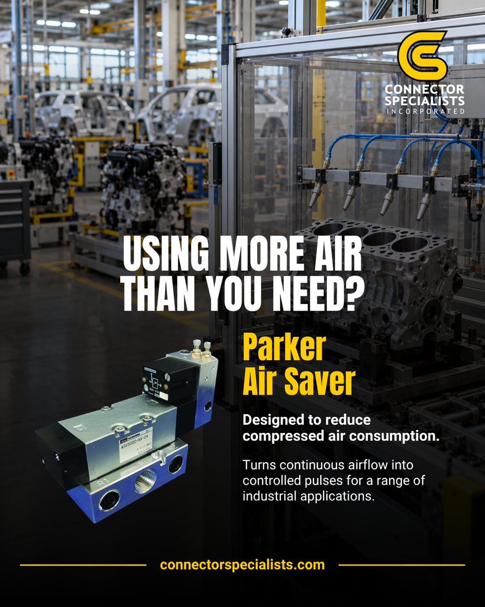 ConnectorSpec's tweet photo. Want to save compressed air? Parker Air Saver uses controlled pulses to help reduce air use in suitable applications.

sales@connectorspecialists.com
Follow for industrial air solutions.

#CompressedAir #Manufacturing #EnergyEfficiency #ConnectorSpecialists https://t.co/t6DapiFupU