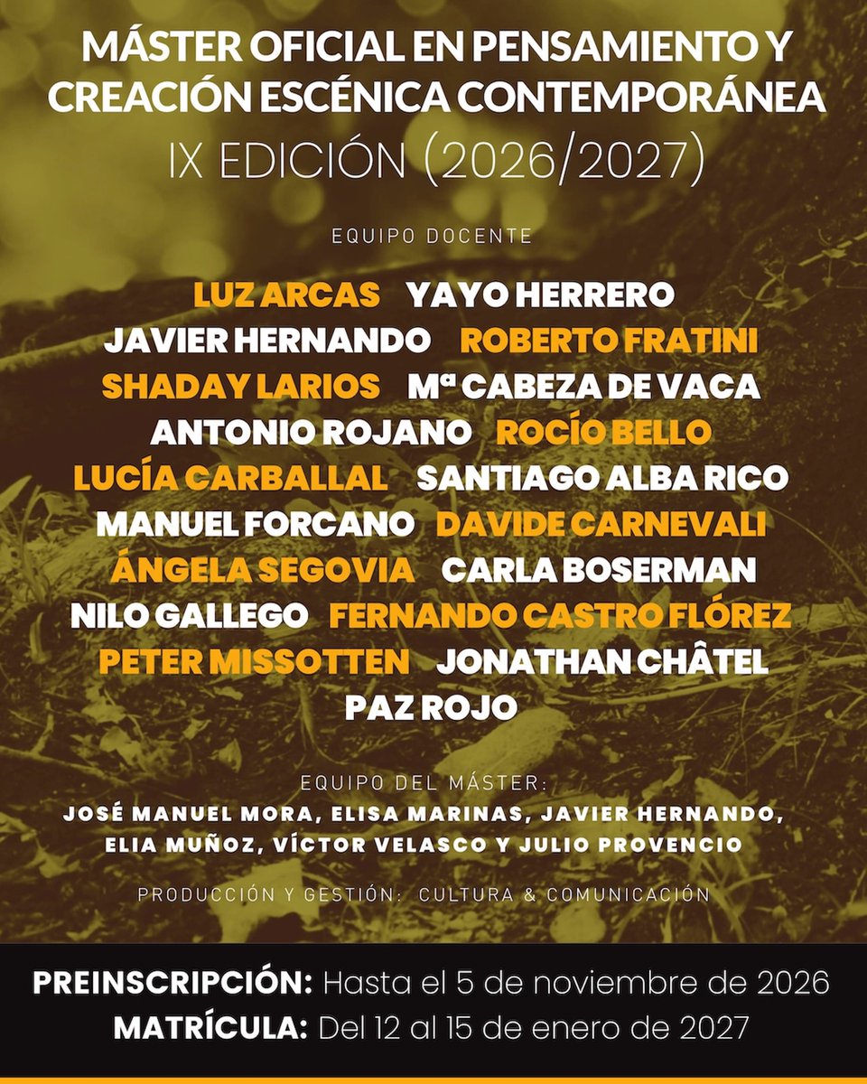 Fuescyl's tweet photo. 🗓️Preinscripción abierta hasta el 5 de noviembre
Máster presencial-1 año de duración
🎓🎭Títulación oficial. Máster en Enseñanzas Artísticas 
ℹ️https://t.co/2U5sFmidf5

#esadcyl #máster #artesescénicas https://t.co/9P5rJXP314