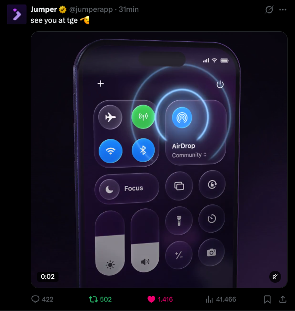 Cryptobkjack's tweet photo. Okay, it’s official now 👀

The $JUMP airdrop is coming 🪂

No exact TGE date yet, but with everything happening around @jumperapp lately, I have a feeling we might not have to wait much longer.

Time to stay ready. 👀 https://t.co/PmECKF7zgQ