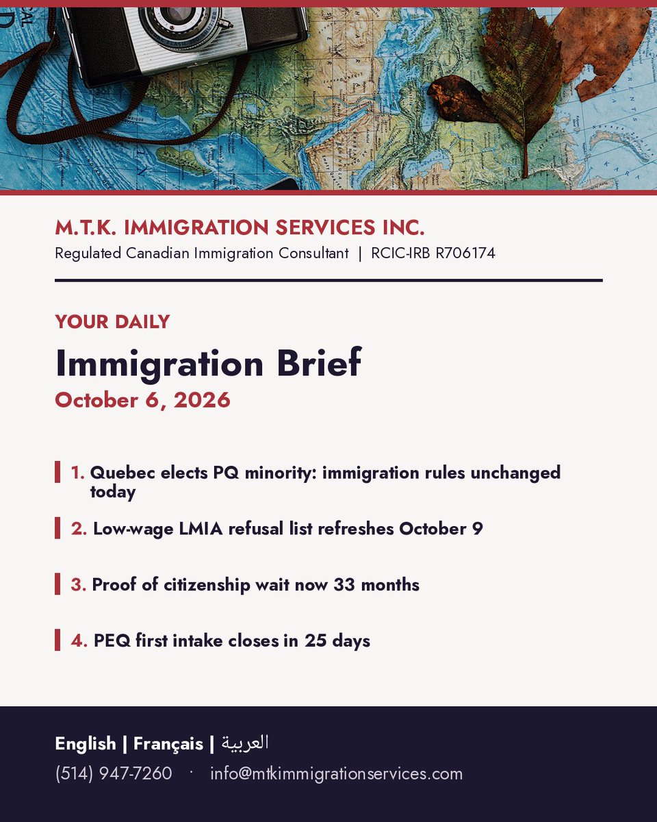 MTK_Immigration's tweet photo. Quebec elected a Parti Québécois minority government on October 5 with 59 seats. No immigration program rules have changed yet: PSTQ, PEQ and CAQ rules stay in force, so keep your file moving. #CanadaImmigration #QuebecElection https://t.co/WLDuuT6JFL