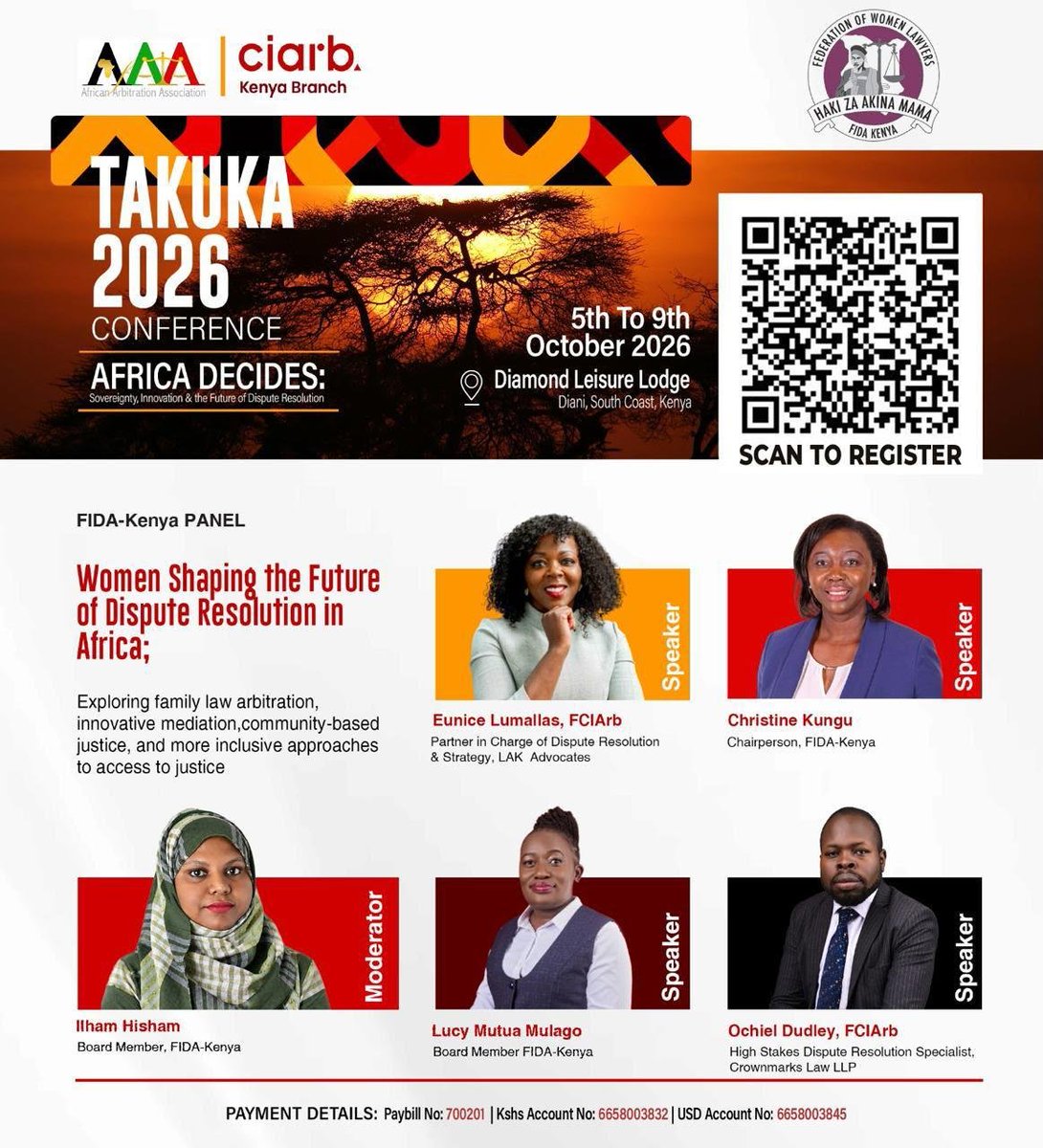 fidakenya's tweet photo. @fidakenya  is participating in the 𝐓𝐀𝐊𝐔𝐊𝐀 𝐂𝐨𝐧𝐟𝐞𝐫𝐞𝐧𝐜𝐞 𝟐𝟎𝟐𝟔 by @CIArbKenya , taking place from 5–9 October 2026 in Ukunda, Kwale County, under the theme “Africa Decides: Sovereignty, Innovation and the Future of Dispute Resolution.”

On 8th October 2026 from 8:30 AM, FIDA-Kenya will host a panel on “Women Shaping the Future of Dispute Resolution in Africa,” exploring family law arbitration, innovative mediation, community-based justice, and more inclusive approaches to access to justice. Our panel provides a vital platform to advance conversations on women’s participation and leadership in arbitration, mediation and the wider dispute resolution landscape, while highlighting the importance of inclusive and accessible justice systems.