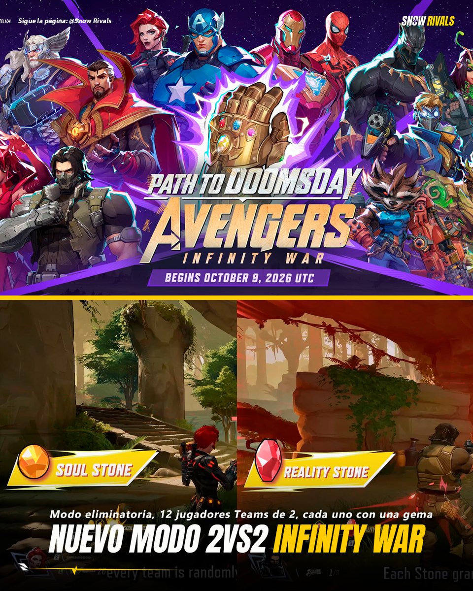 Snow_Rivals's tweet photo. MODO AVENGERS INFINITY WAR

El modo consistirá en 12 jugadores divididos en equipos de2, cada uno con una gema del infinito que otorga ciertas mejoras, el modo es tipo eliminatoria.

El perder un round pierdes Hp, cuando el Hp llega a 0 el equipo es eliminado, y el equipo vencedor se queda con la gema, gana el ultimo equipo en estar en pie.

#marvelRivals #marvelrivalslatam #marvelrivalsnews #marvelrivalsmemes