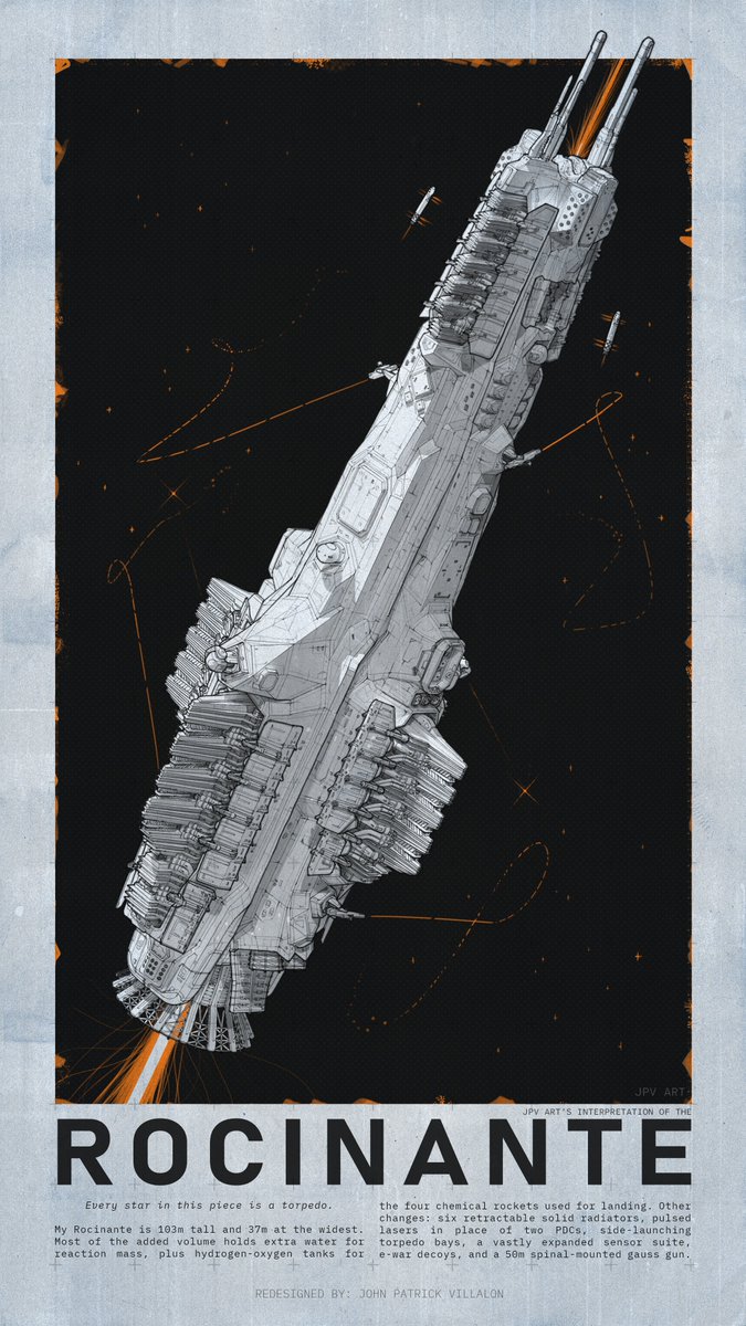 JPNomnom's tweet photo. My redesign of The Expanse's Rocinante - 1% more realistic: bigger for more water (re-mass, RCS) and chemical rockets for landing. Shouldn't turn your landing pad into cancercrete! Also lasers? And radiators?

Someone please make a co-op Expanse ship-to-ship combat game. I beg u. https://t.co/kFJRBuY1Xo