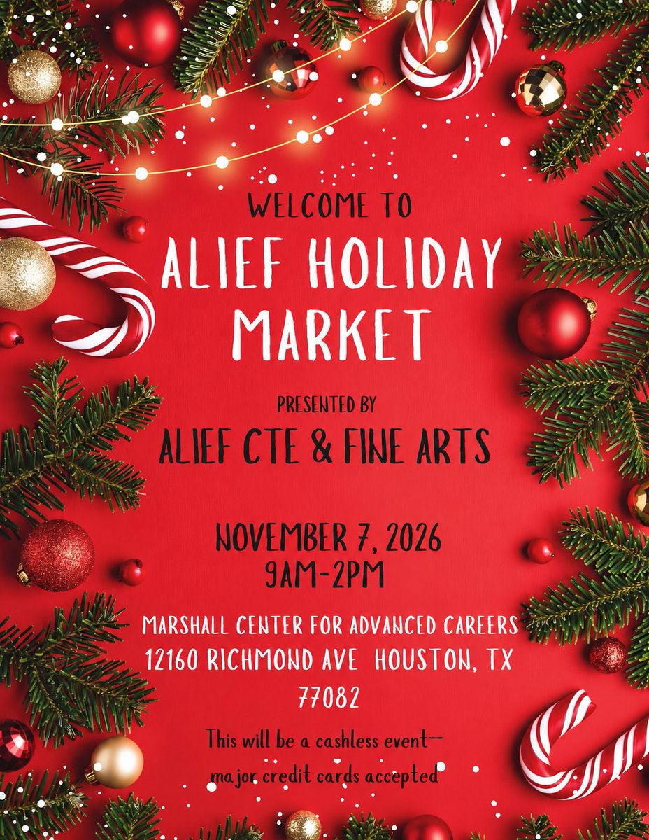 Alief_Career's tweet photo. We're not trying to skip ahead ... just want to be on your radar. It's that time of year again! Alief Holiday Market! Join us November 7, from 9 am to 2 pm, fun, festive, and shopping. #AliefCTE #WeAreAlief #AliefProud https://t.co/6eI7NSVRNw